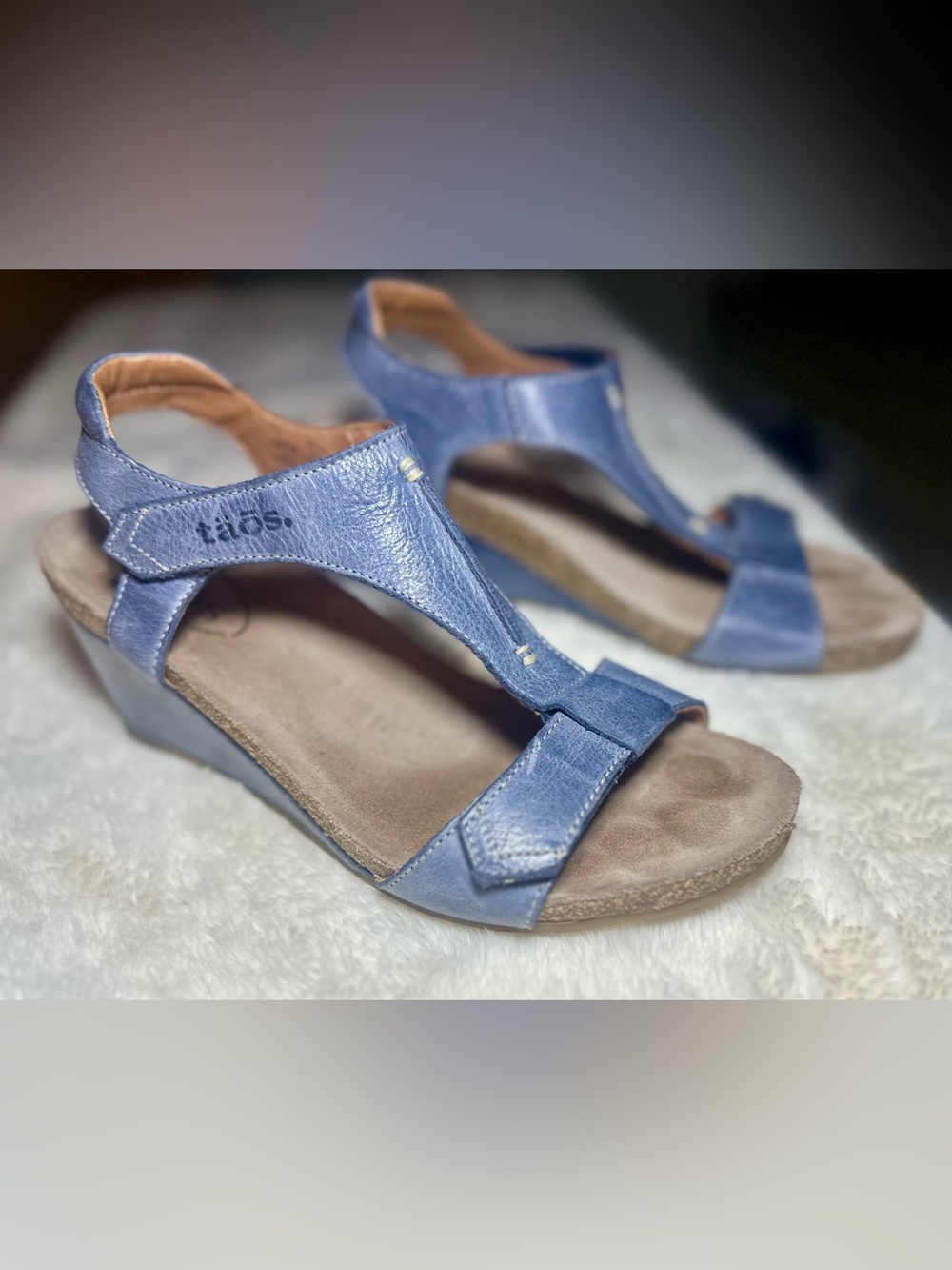 Taos Sheila Leather Wedge Sandals Blue T-Strap Arch Support EU 38